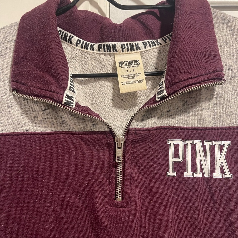 PINK Victoria's Secret Maroon and Heather Gray Half-Zip Pullover - Picture 2 of 4